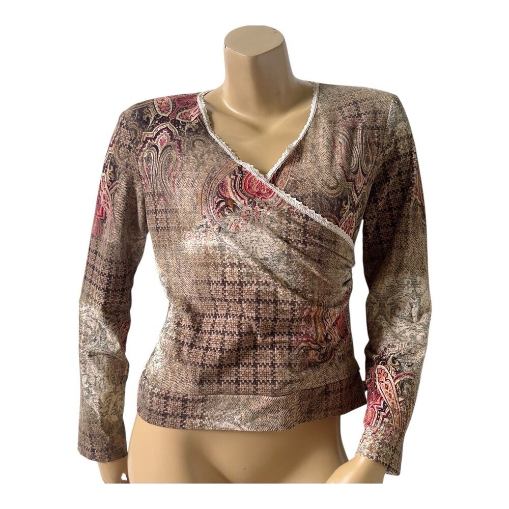 Vintage Clio Surplice Faux Wrap Top Tie Side Womens L Long Sleeve V Neck Boho